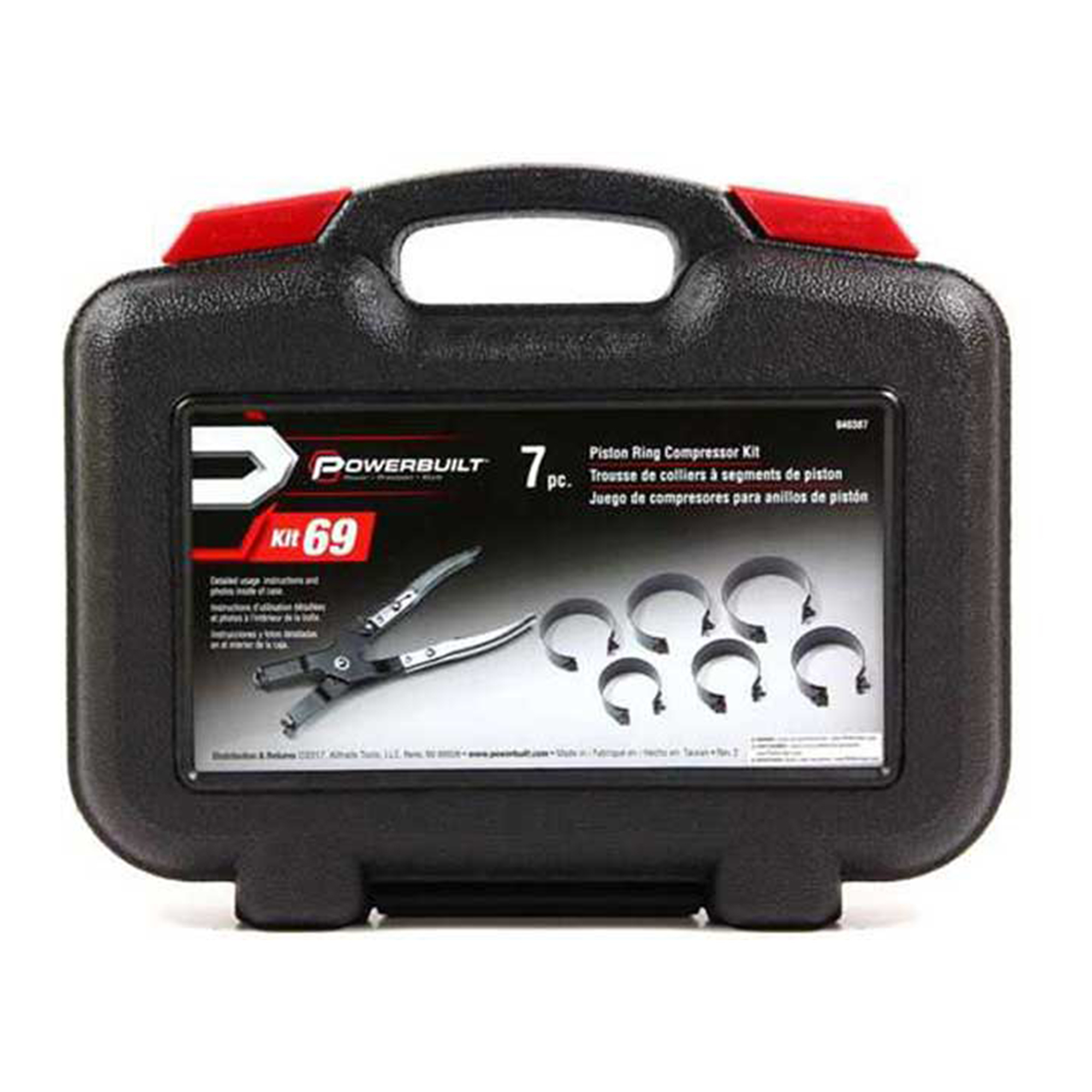 Powerbuilt Piston Ring Compressor Set — 7 Pcs, 2-7/8in. to 4-3/8in. Bore Sizes, Spring Steel Bands, Ratcheting Compressor Pliers, Model# PBT940387